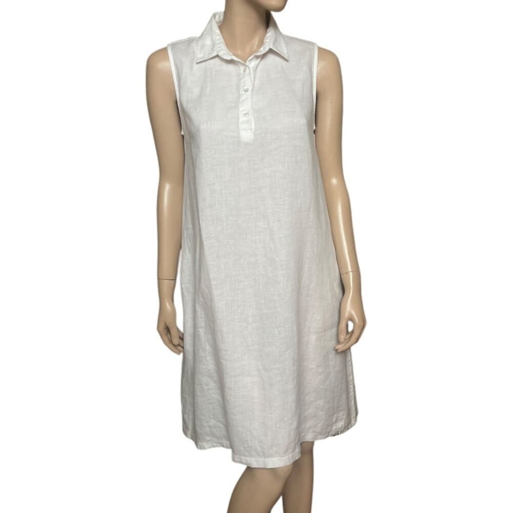 Claudio Milano 100% Linen Sleeveless White Shirt Dress Side Pockets Size Small